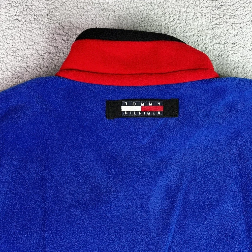 Vintage 90s Y2K Tommy Hilfiger‎ Mens 1/4 Zip Fleece Pullover Blue w/ Red XL